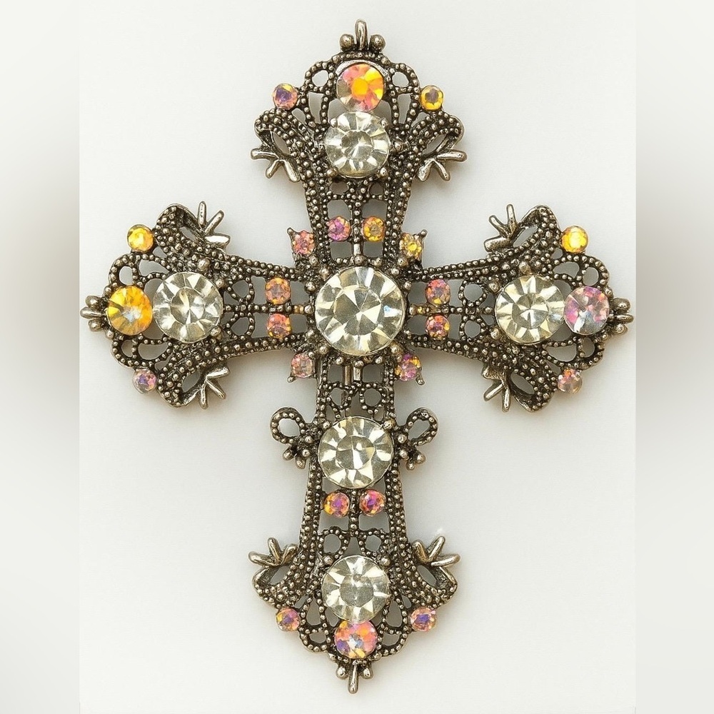 Vintage Style Jeweled Cross Brooch